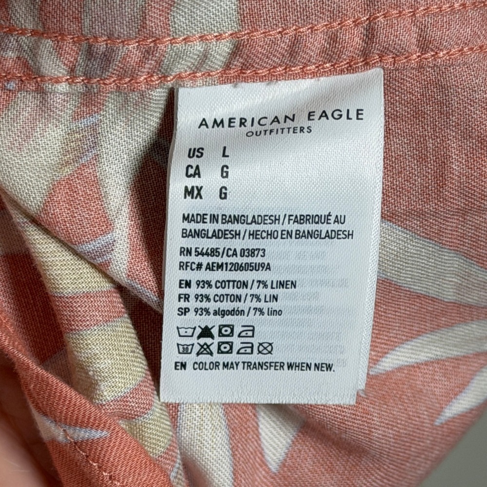 American Eagle Mens L Coral Tropical Palm Leaf Cotton Linen Short Sleeve Shirt - Picture 6 of 8